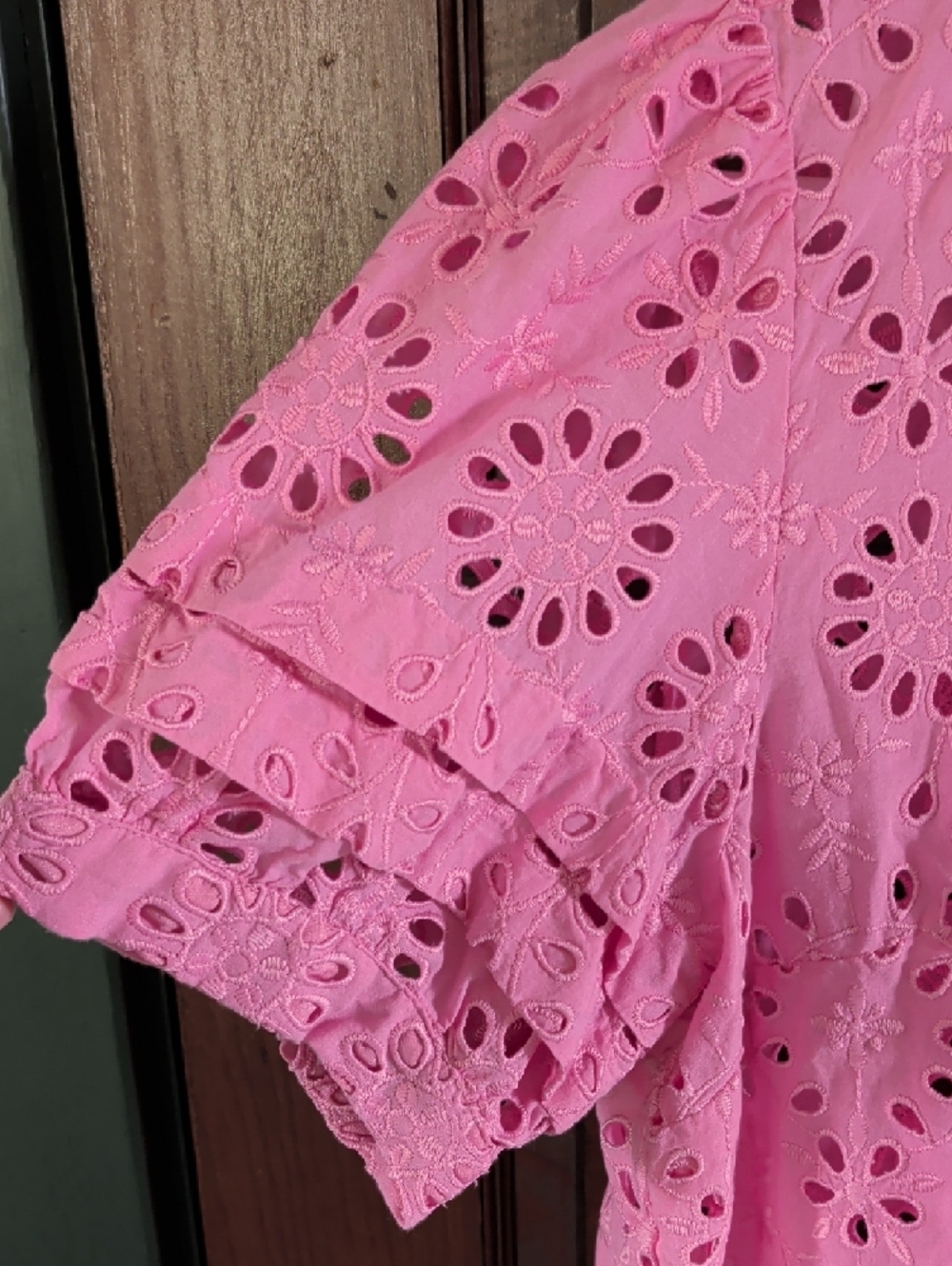 J. Crew Pink Split-Neck Embroidered Eyelet Short Puff Sleeve Blouse - Picture 5 of 10